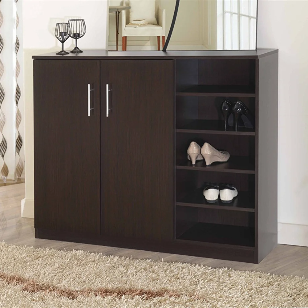 Contemporary Style MDF Veneer Large Cabinet Shoe Rack with 2 Door and 5 Open Shelves 1022