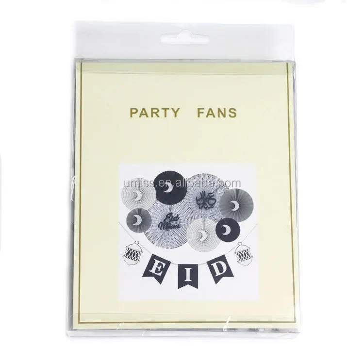 UMISS New Design EID MUBARAK Ramadan Decorations, Silver Black White Paper Fans, Banner