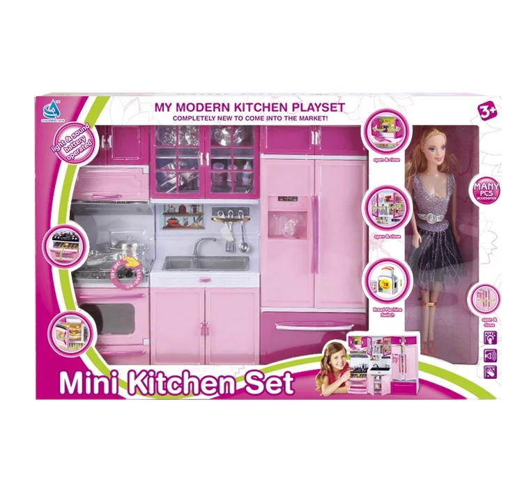 best price plastic kid toy kitchen play set with doll and music lights