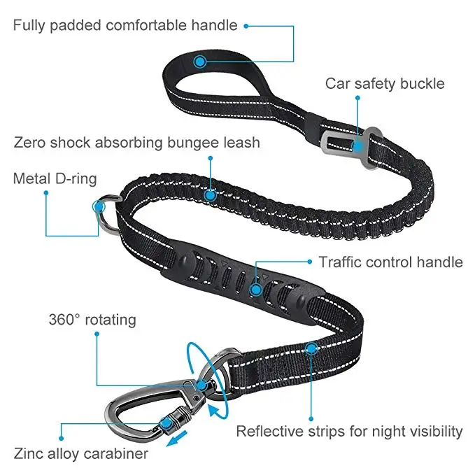6FT Strong Nylon Dog Leash with Highly Reflective Threads and Bungee Buffer Leash and padded handle,dog car seat belt