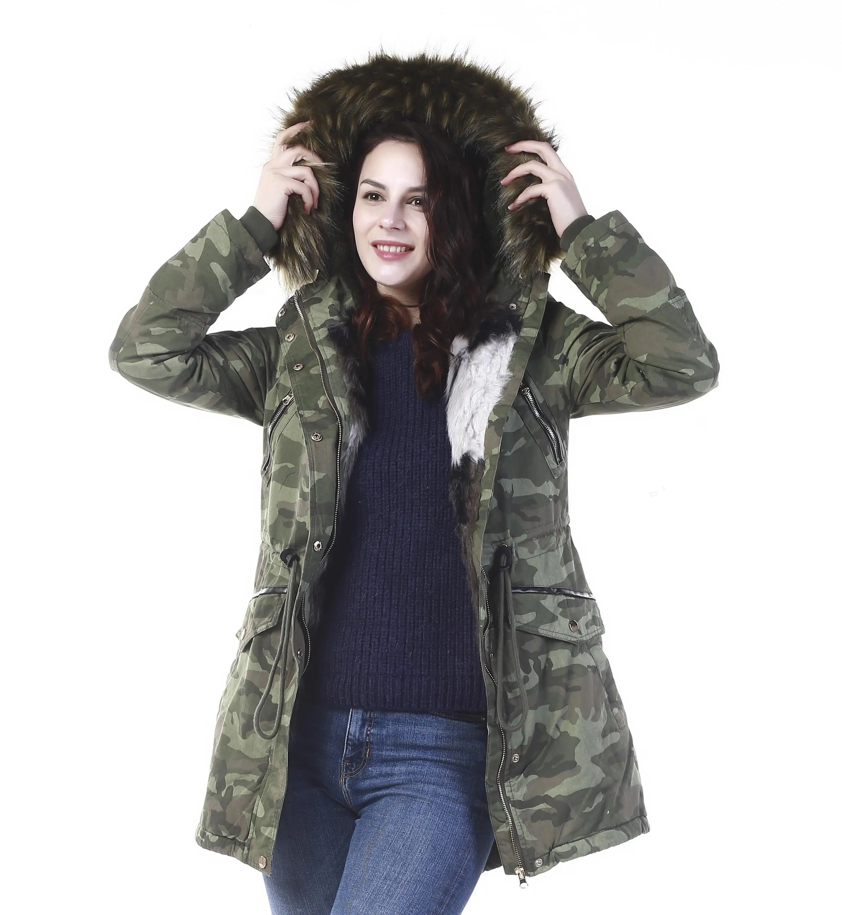 Fashion New Design Winter Casual Hooded Green Camouflage Ladies Padded Jacket Parka Women Quilted Coat