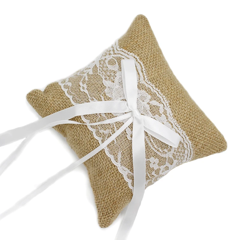 J08 Delicate Wedding Ring Pillow Khaki Linen Lace Butterfly Knotted Handmade Marriage Ring Pillow Cheap Wedding accessories