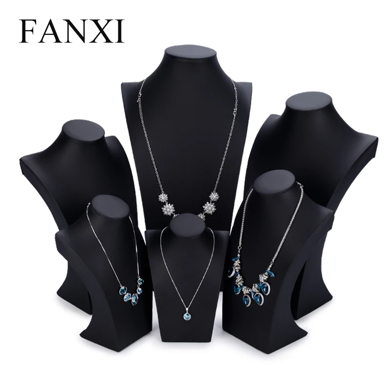 FANXI Custom Black Leather Necklace Pendant Neck Form Display Mannequin Stand For Jewelry Shop Showcase Wooden Necklace Displays