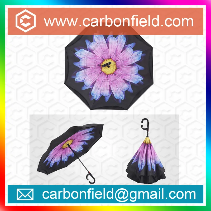 Windproof Reverse Folding Double Layer Inverted Umbrella and Self Standing Inside Out Rain Protection Umbrella with C-shaped Han