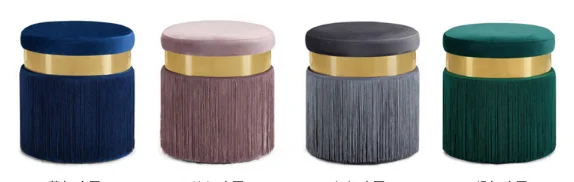 Purple velvet round ottoman gold plated with fringe