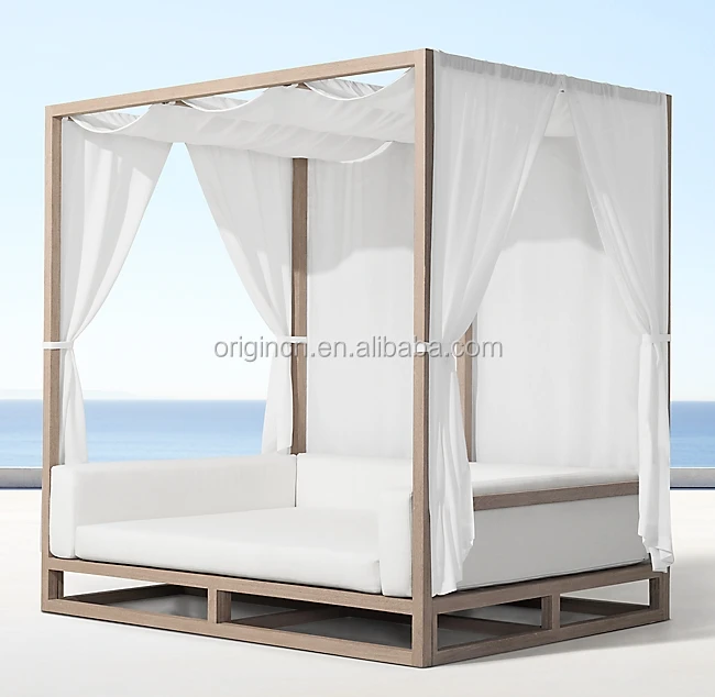 Boutique Beach Luxury Outdoor Double Bed Modern Style Poolside Teak Daybed with Sun Lounger Curtains and Canopy for Home Use