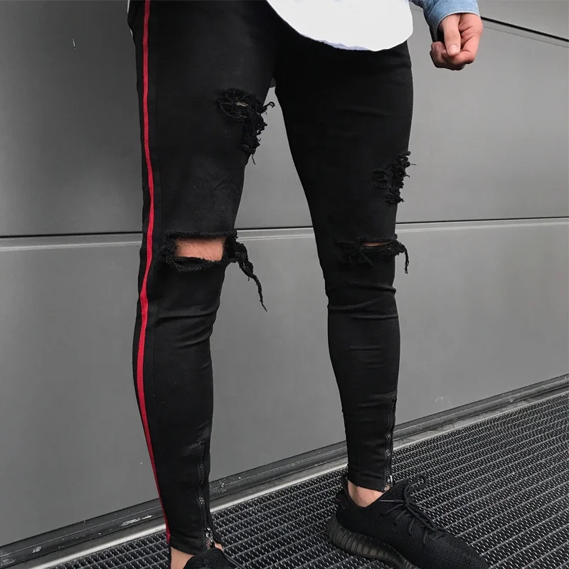 
New Style Hip Hop Men Black Slim Distressed Boys Skinny Jeans 