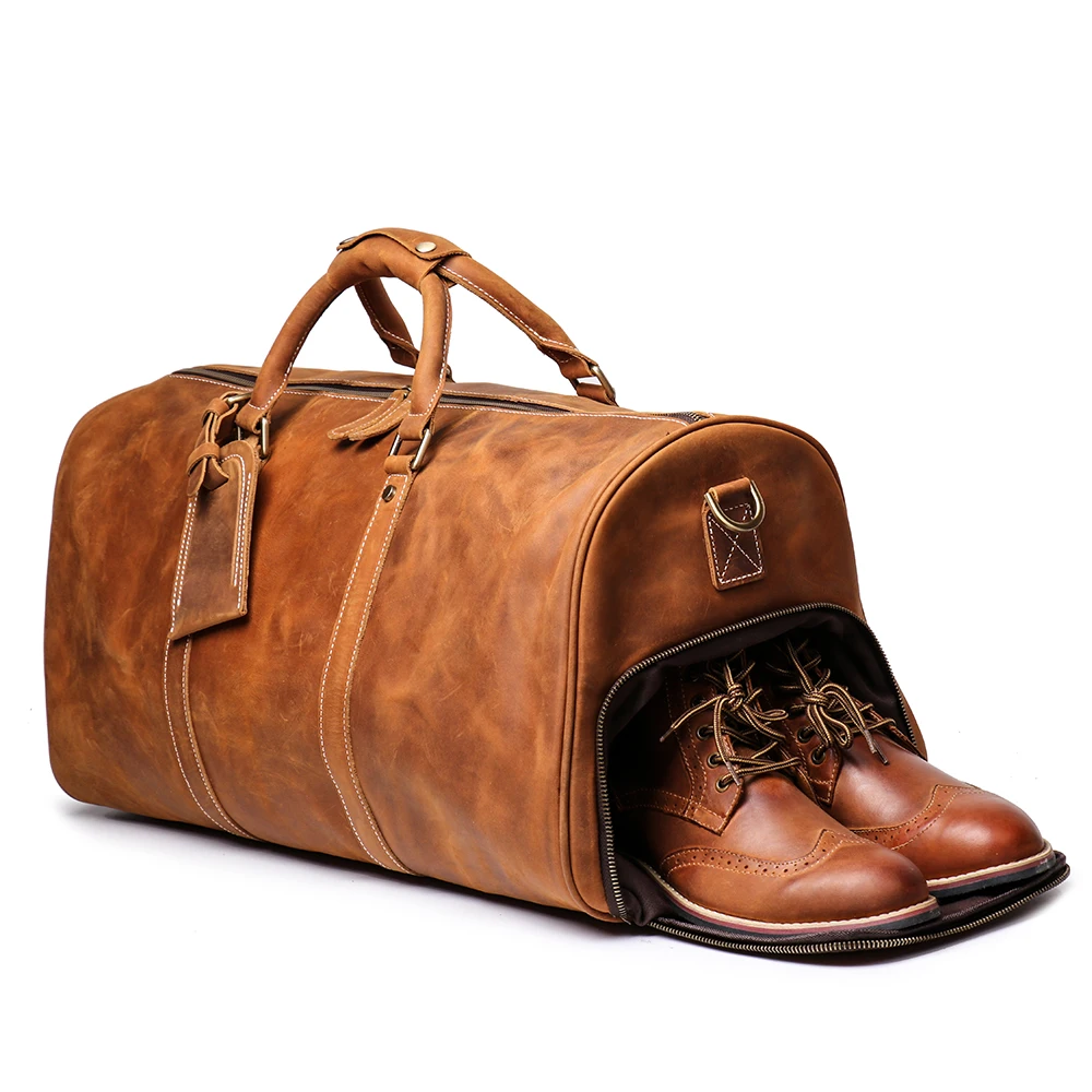 Handmade Vintage Crazy Horse Leather Traveling  Duffle  Weekender Bag for Men Brown 24inch