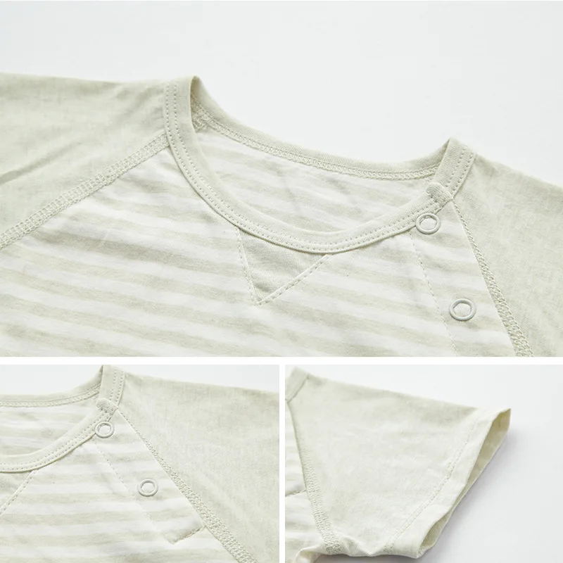 
Neonatal striped short sleeve T-shirt 100% cotton baby jacket with shoulder-opening round collar baby clothing 