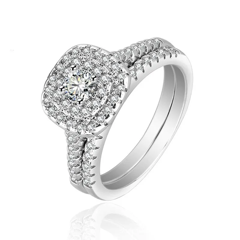 925 sterling silver jewelry Cubic Zircon double halo Engagement Wedding ring bridal set