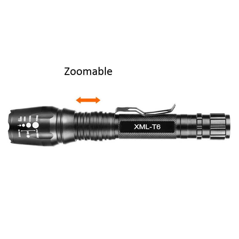 Aluminum 1000 Lumen 18650 Battery Powered Flashlight High Quality Waterproof T6 LED Zoomable Tactical Flashlight