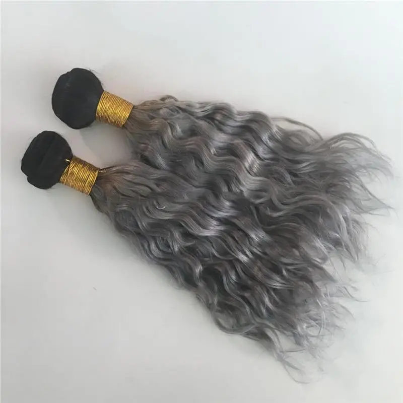 Unprocessed top quality 1b grey two tone ombre color human extensions indian silver water wave human hair weaves