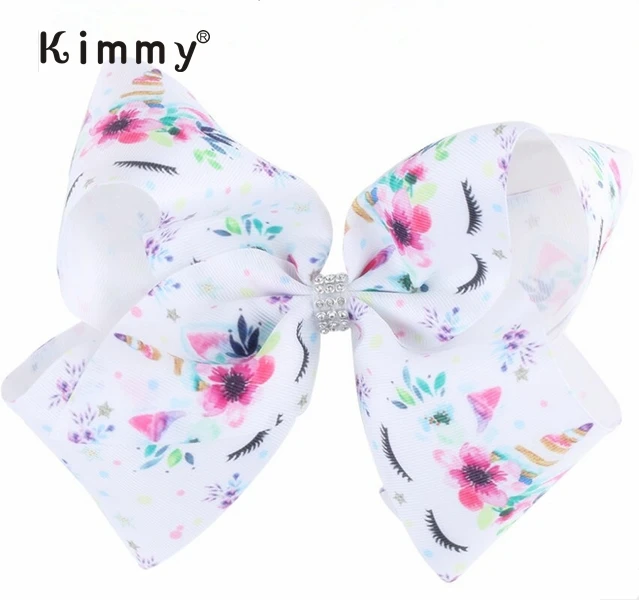 Smiling Face Big Bowknot Floral Unicorn Hair Bow , Hair Clip with Rhinestone Center
