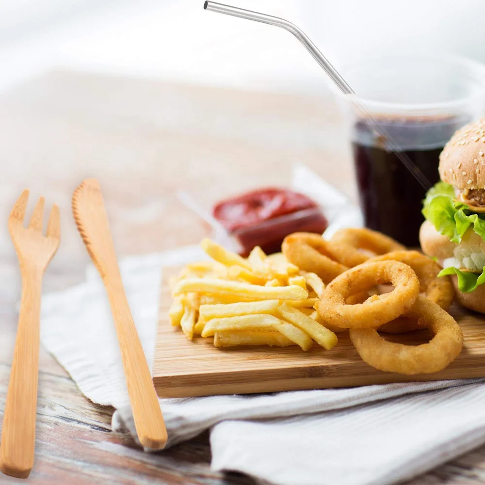 Reusable Stainless Steel Straw Natural Bamboo Cutlery Set with Travel Case