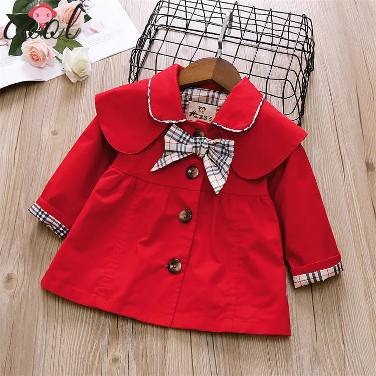 
Fashion red khaki pink plaid bow tie baby winter coat girls trench coat 