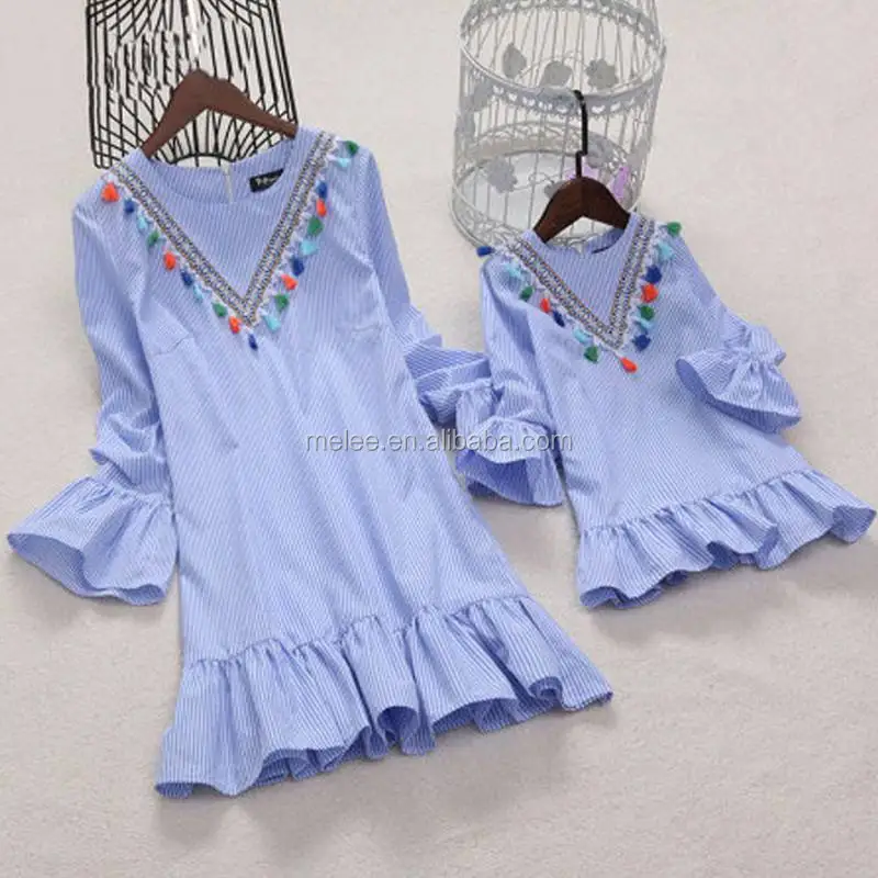 Q30217 Baby Girl Family Matching Clothes Mom And Daughter Dress Nine Quarter Stripe Tassel Mini Mother And Daughter Outfits
