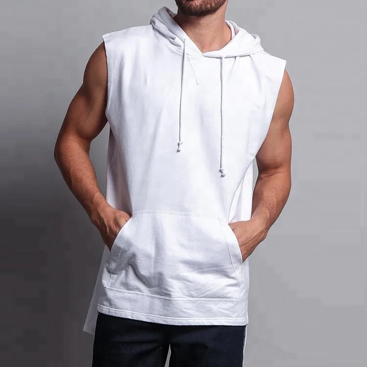 Mens Custom Work Out Gym Pullover White Tail Longline Muscle Sleeveless Hoodie