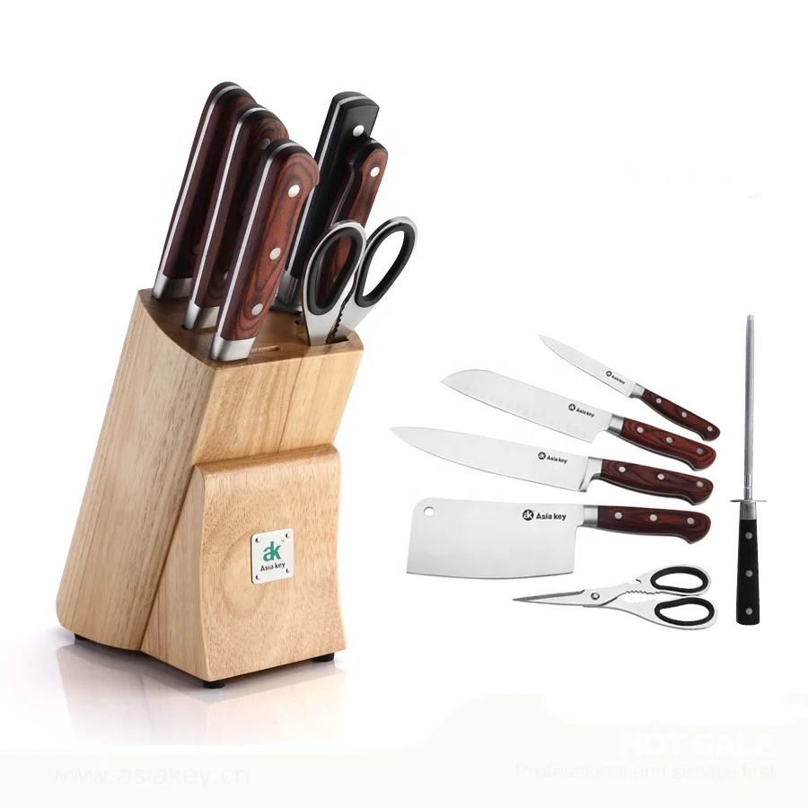 High Quality 6 slots Oak Wood Knife Block Holder For Knives Sharpener And Scissor