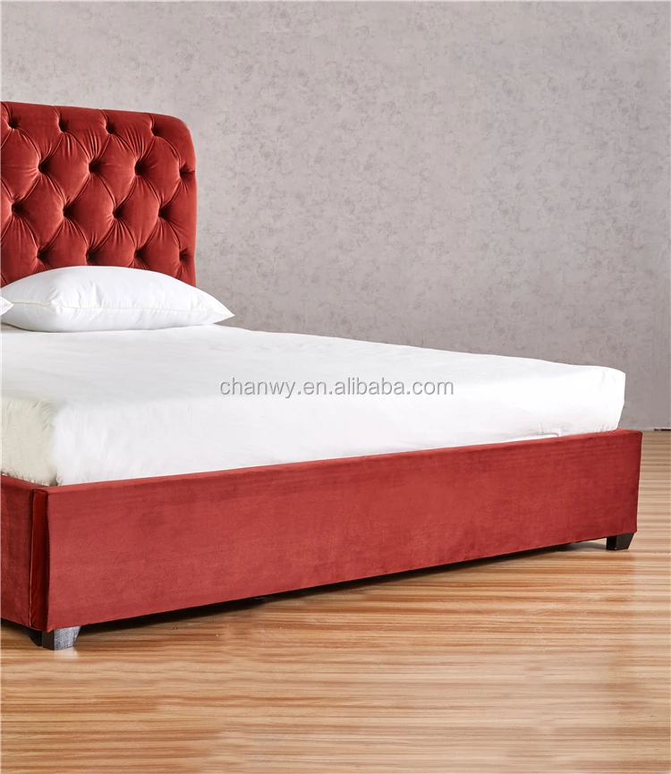 Luxurious Red Colour Velvet Fabric Bed with High Headboard