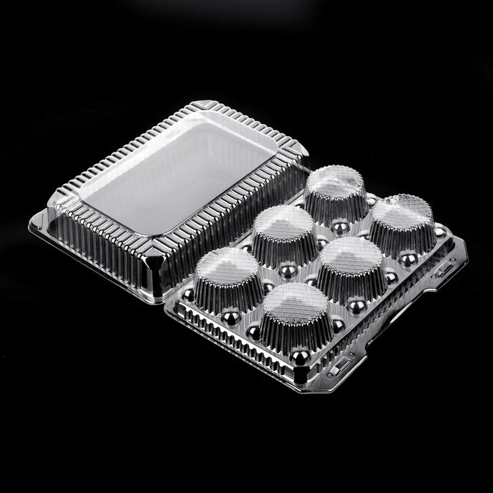 Disposable Bakery Plastic Hinged PET Blister 6 Hole Cupcake Container Boxes With Lid