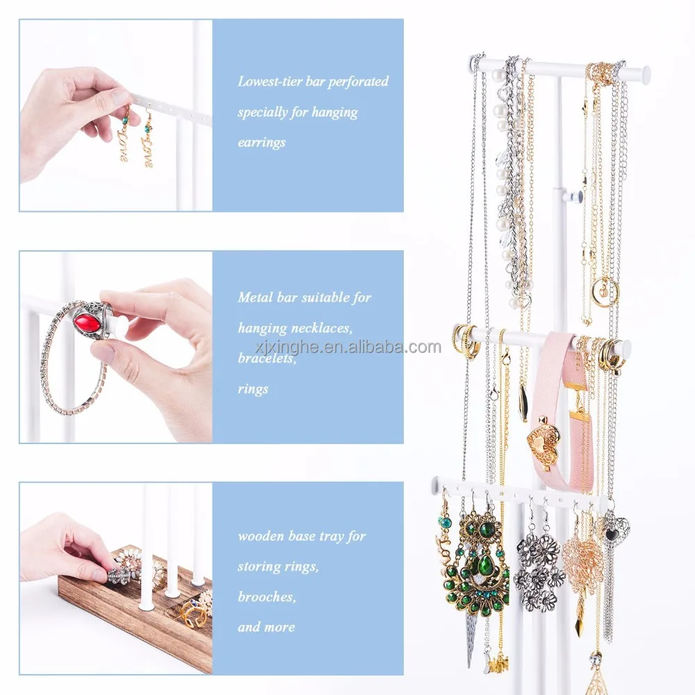 
Jewelry Tree Stand With White Metal and Wood Basic To Storage Necklaces Bracelets Earrings 