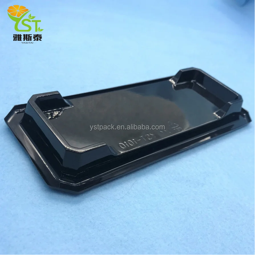 disposable takeaway black sushi tray with lid boat vacuum plastic sushi packaging