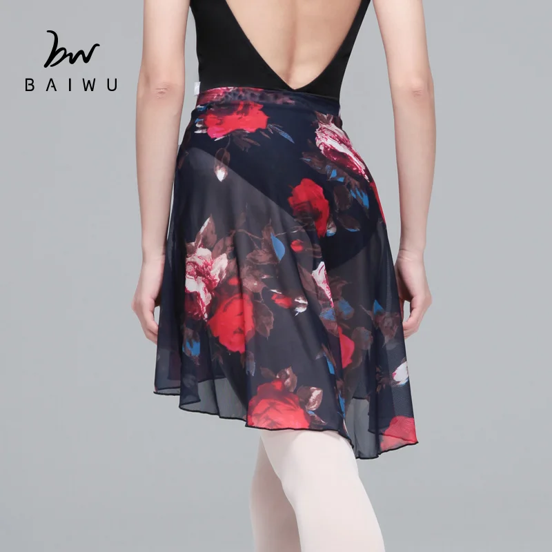 118143003 Baiwu Floral Elastic Waist Printing Dance Skirt Mesh Pull on Long Ballet Skirt