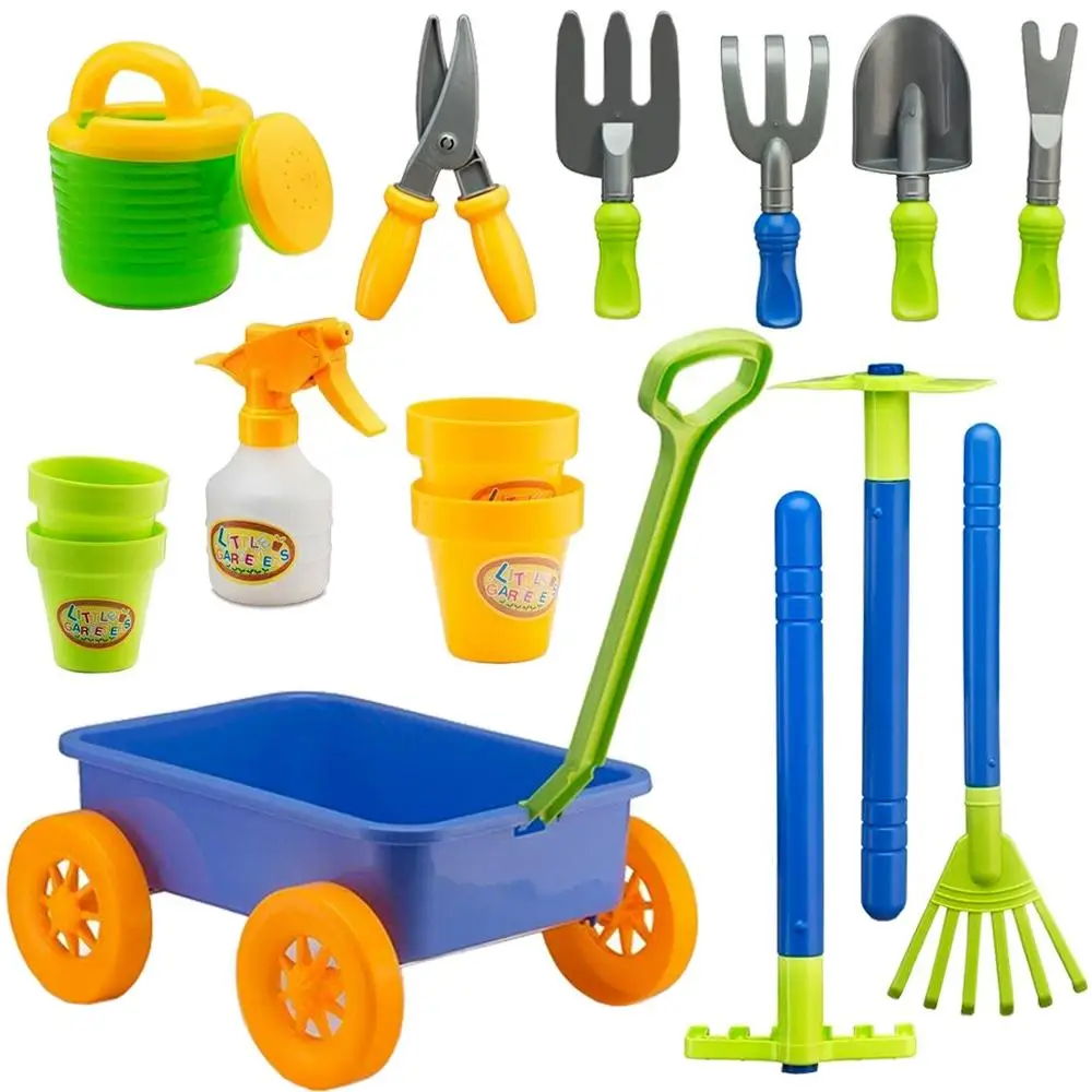 Pull Along Wagon Kids Wheelbarrow Gardening Tools Set with 10 Accessories for Children