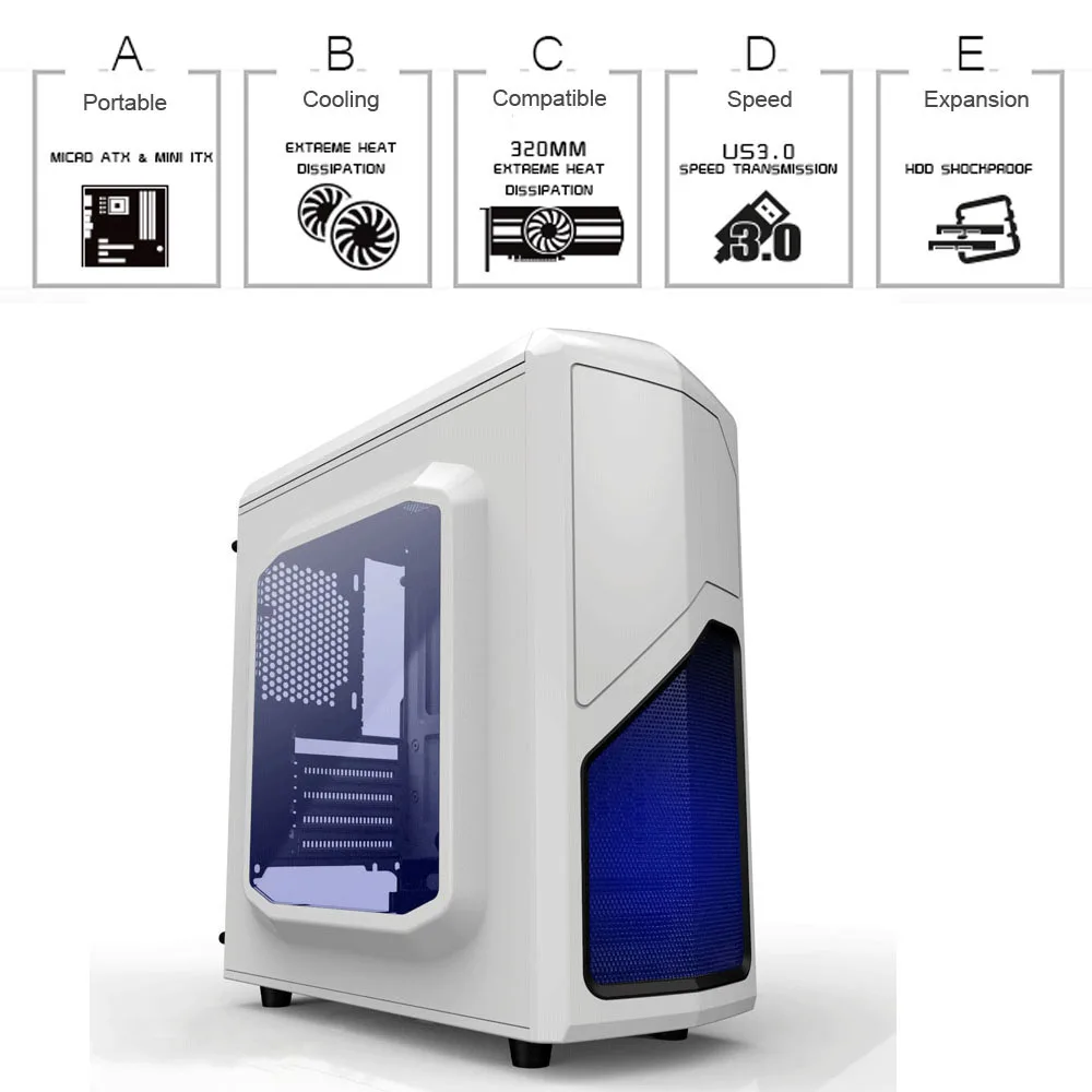 Best quality horizontal computer case atx gaming pc case with 14cm LED cooler fan