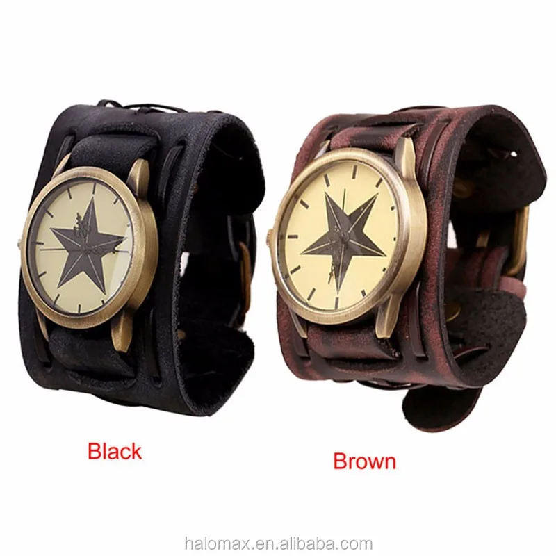 
2017 Fashion New Style Retro Punk Rock Brown Big Wide pu Leather Bracelet Cuff Men Watch 