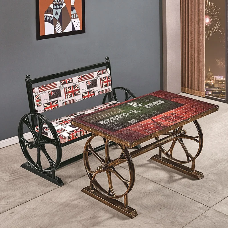 
Wholesale Chair Table Antique Metal Iron Bar Furniture Sets With Two Wheels England Flag Chair Decoration 