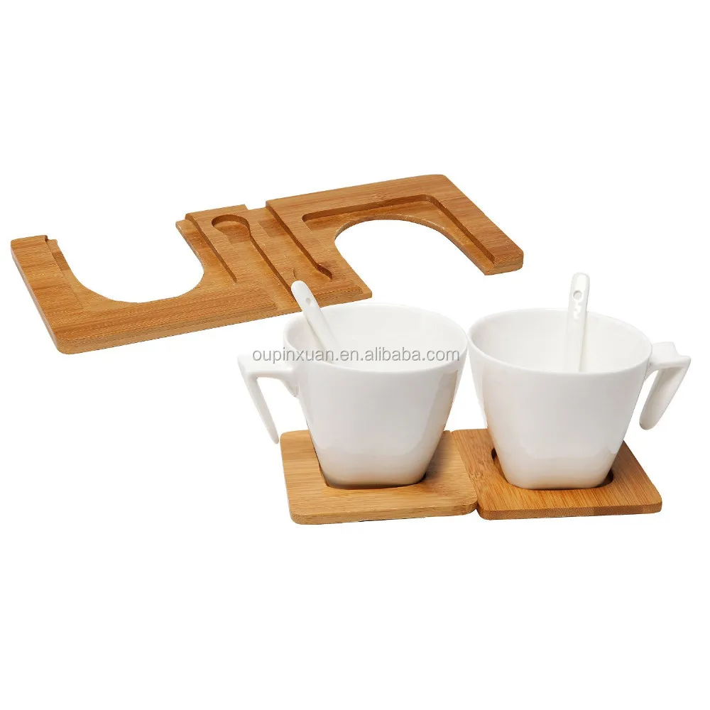 Bamboo tea coffee canister set Modern White Ceramic Tea Cups and Spoons on Bamboo Serving Tray Inset Coasters