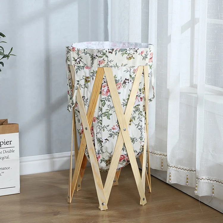 
cotton canvas clothes folding wood frame laundry basket with handle 