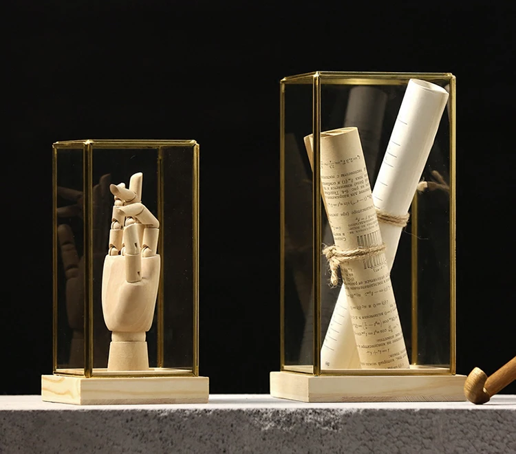 Hot selling Acrylic Desktop Decorative Square Gold Geometric Terrarium With Wooden Base