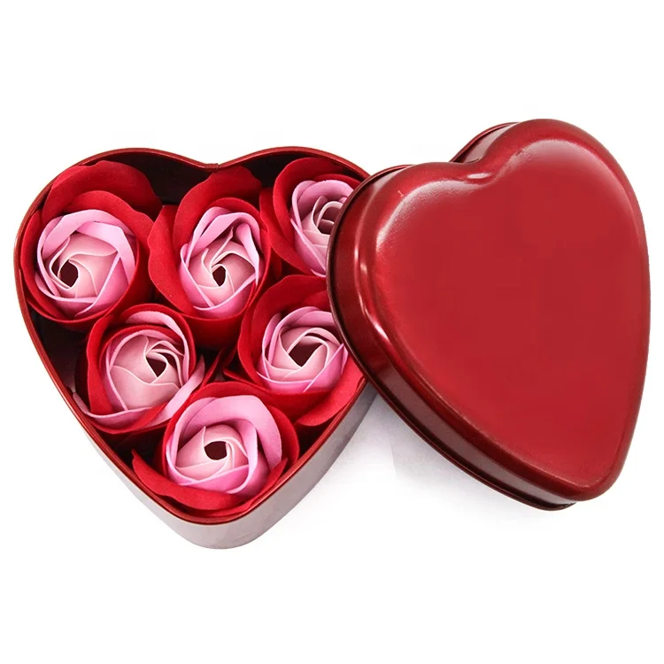 Natural 6PCS Rose Flower Paper Soap Heart-Shaped Iron Box Gift Set