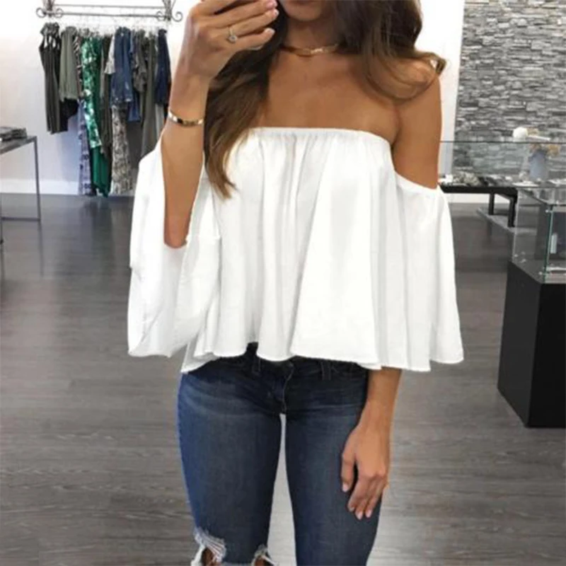 Fashion Women Off Shoulder Top Long Sleeve Pullover Casual Blouse Hals Langarm Chiffon Schulter Chiffon Blouse