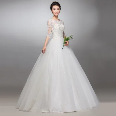 ZH0199X Hot Selling Medium Long Sleeves Round Collar Wedding Dresses Lacebandage Skirt Bridal Gown Plus Size