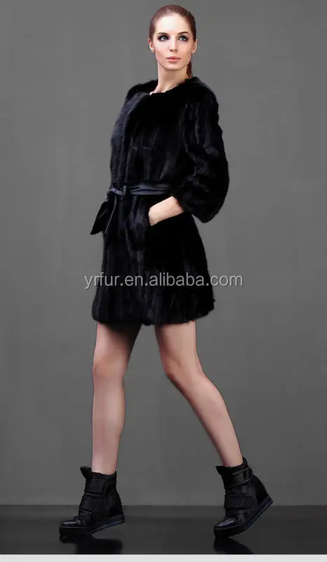 YR762 Factory Direct Formal O-neck Fur Coat Black Long Mink Fur Coat For Women
