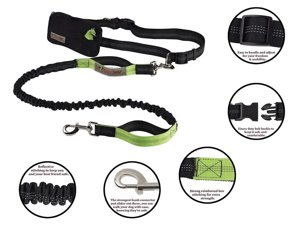 One Size Fits Small Medium to Large Dogs,Reflective Waist Belt Pet Running Bungee Leash With Bonus Waste Bag Dispenser