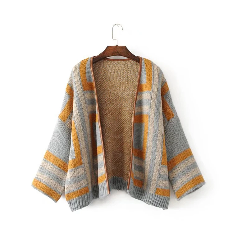 Korean Women Fashion 2024 Bat Sleeve Coat Color Block Varsity Sweaters Wholesale Women Cardigan