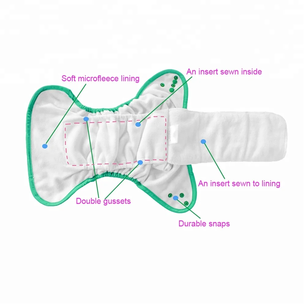 
Reusable asborbent baby all in one cloth diapers washable AIO diapers with microfiber inserts double gussets binding overnight 
