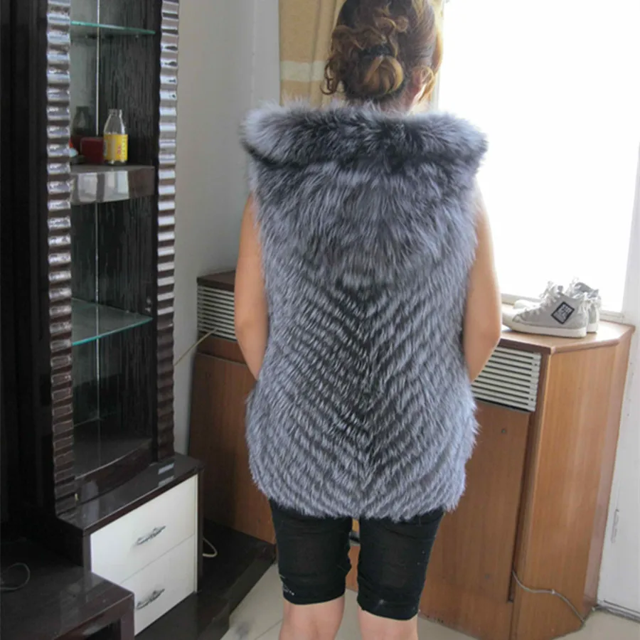 
High Quality Women Genuine Silver Fox Fur Vest with hood 