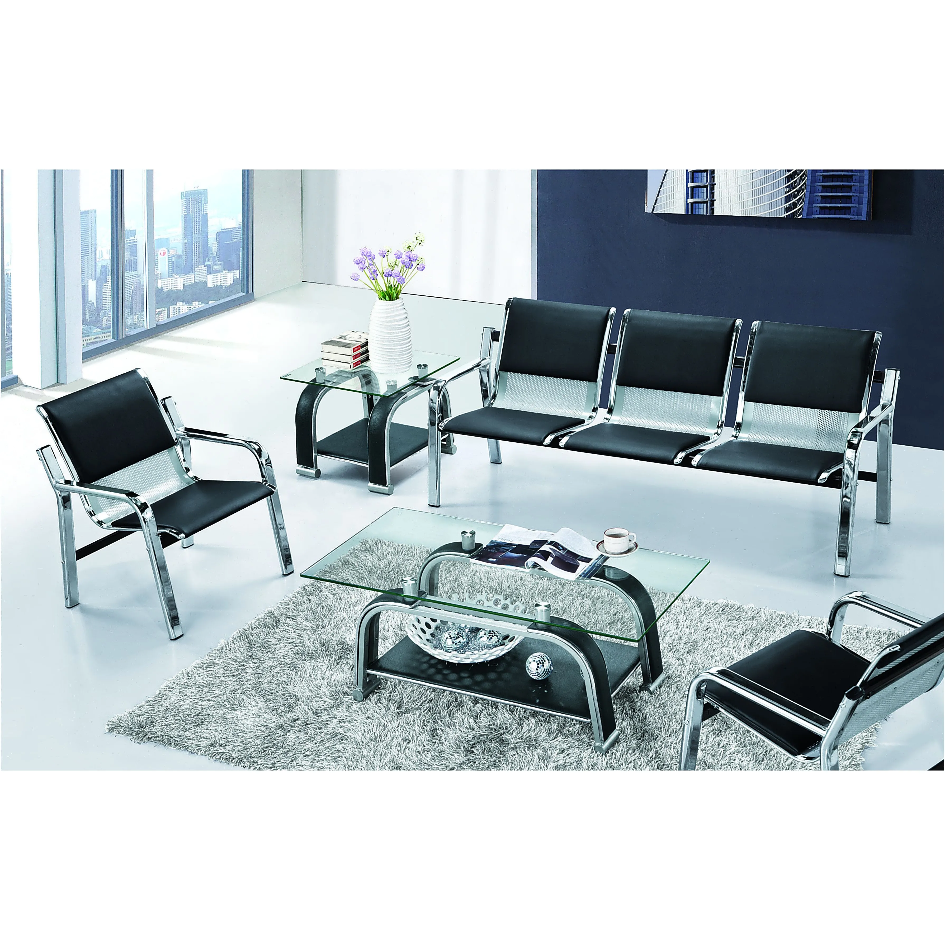 Металлические ножки, черный кожаный полиуретан, 123 мест, офисный диван для стойки