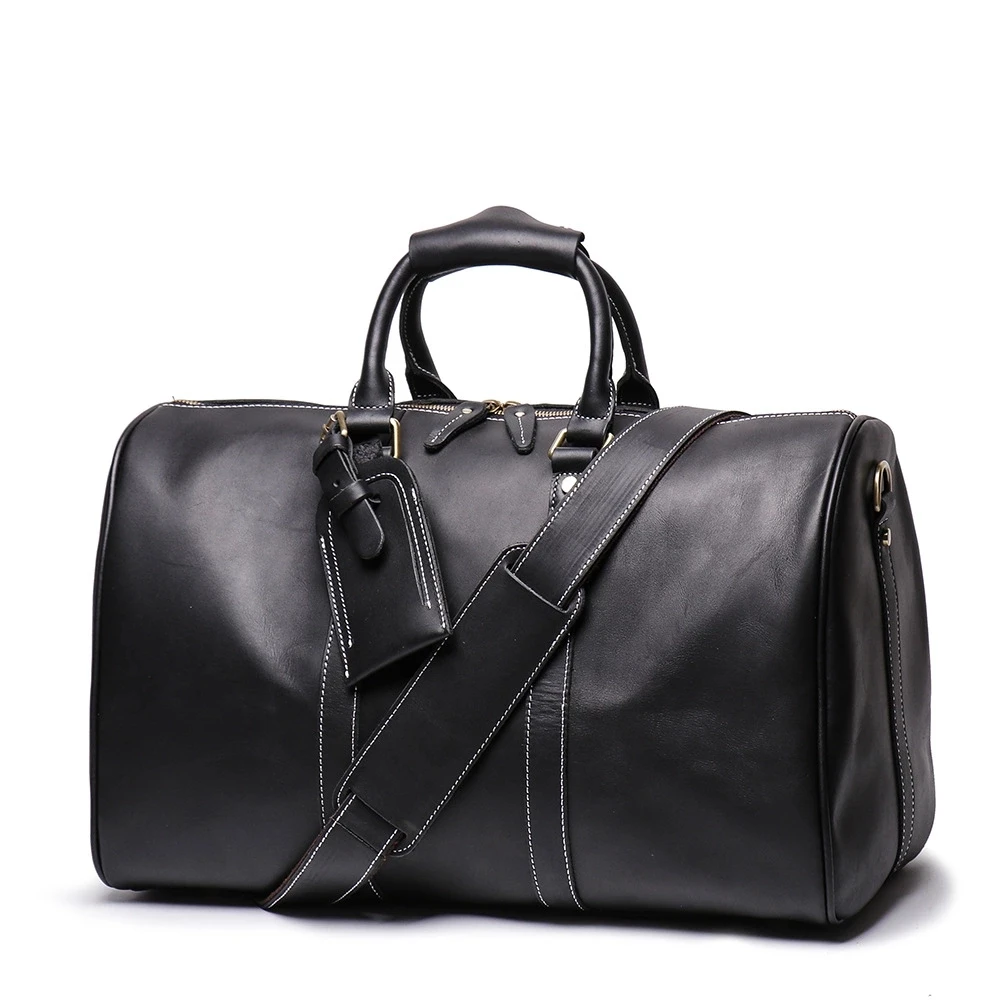 Handmade World Genuine 21 Inch Black Leather Travel Weekender Overnight Duffel Bag Gym Sports Luggage Tote Duffle Bags For Men