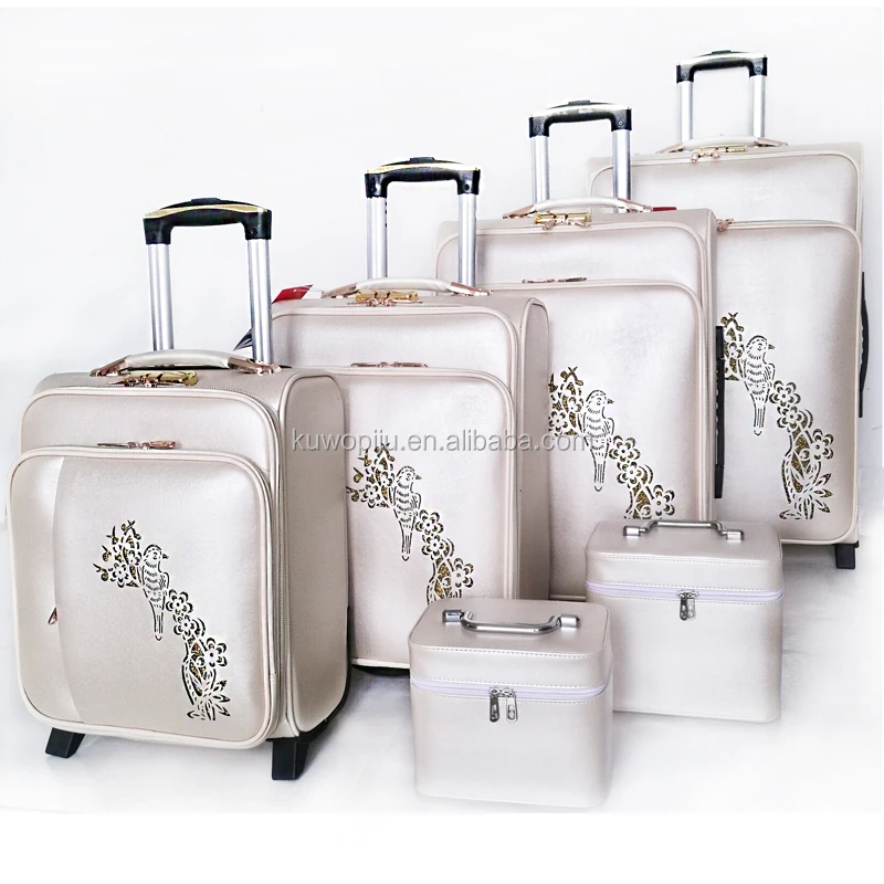 bright white color diamend cosmetic case 2 wheels pu leather suitcase set spinner wheeled luggage set 6 pieces