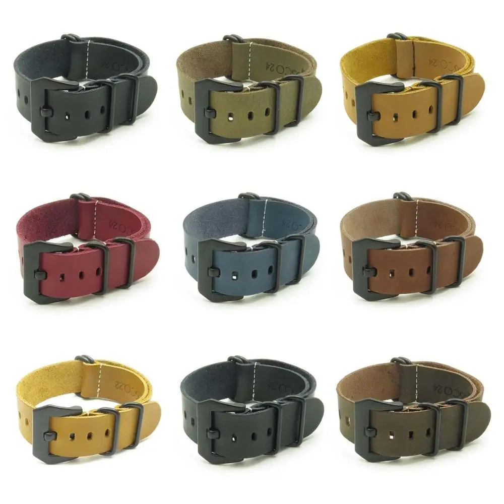 
NEW Product Military Band Nato 22mm 24mm Replaceable Crazy Horse Leather Dropshipping Zulu Watch Strap 