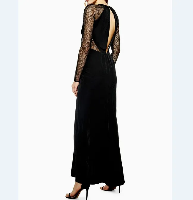 Sheer V neck long sleeve lace maxi dress with arms and waistband