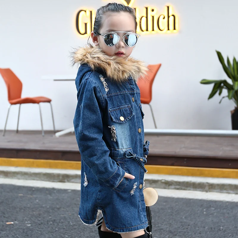 
Girls denim drawstring with hood thick lambswool winter jeans overcoat 