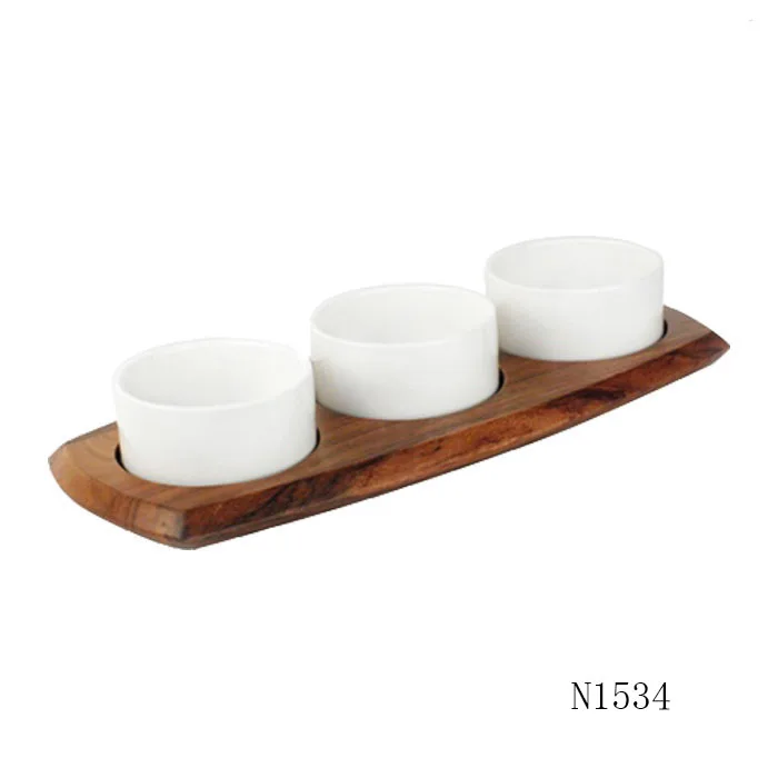 New design sauces plate acacia base with ceramic dip bowl