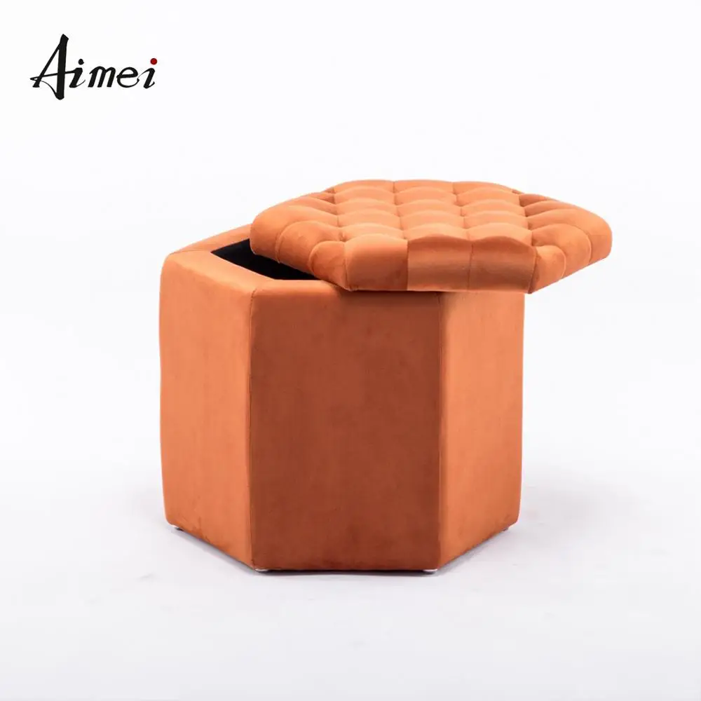 modern furniture wooden pouf box velvet fabric storage hexagon ottoman stool
